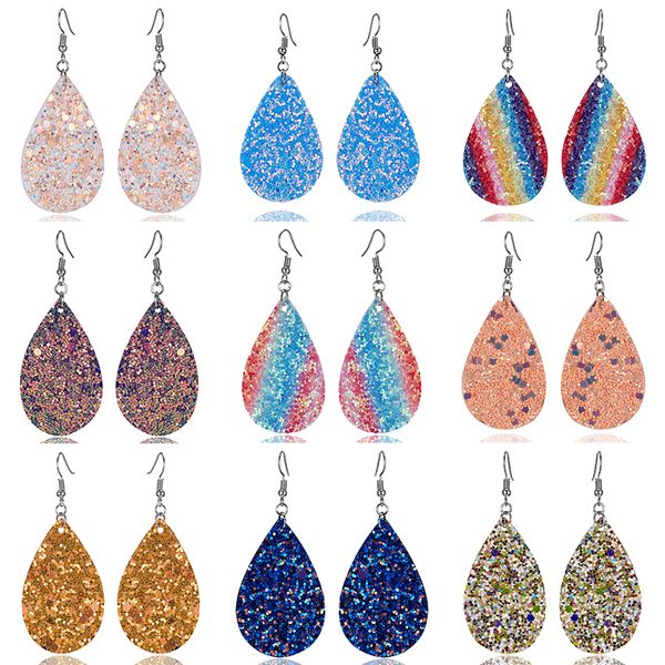 

rinhoo boho multicolor water drop leather earrings brincos female teardrop sequins pu leather dangle earrings fashion jewelry, Silver