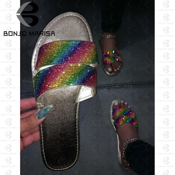 

bonjomarisa ins горячая новое прибытие женский лето открытый toe плоский сандалии женщин сплошной bling rhinestone отдыха обувь женщина, Black
