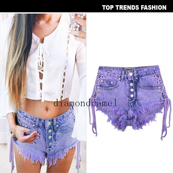 

new summer macaron purpledenim pants high-waisted breasted frayed double-sided straps women's denim shorts women's pants, Blue