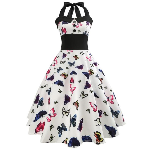

pinup retro vintage dresses 50s 60s 2020 ladies summer dress halter floral printed elegant rockabilly dress swing robe femme, Black;gray