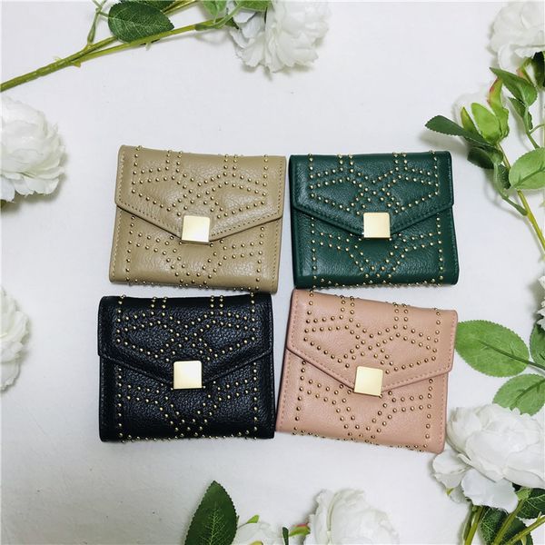 

genuine leather wallet short fund wallet rivet solid color personality ma'am penny package cowhide mini- fold small change package, Red;black