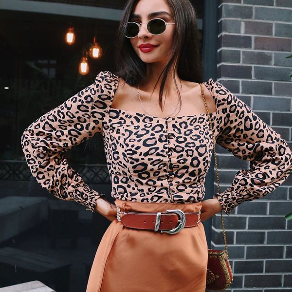 

женщины топы женщин блузки воротник площади leopard рубашки для женщин осень high ladies полный блузка crop tops французский стиль шик сороч, White