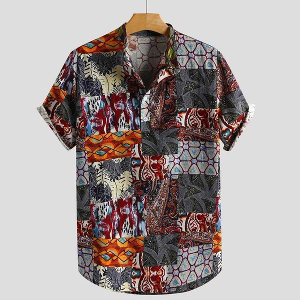 

holiday new fashion men luxury stylish mens multi color lump chest print short sleeve round hem loose shirts blouse, White;black