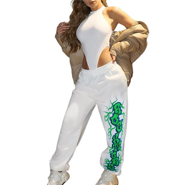 

women korean loose trousers fashion flame letter pattern high waist casual pants girl student sports pants, Black;white