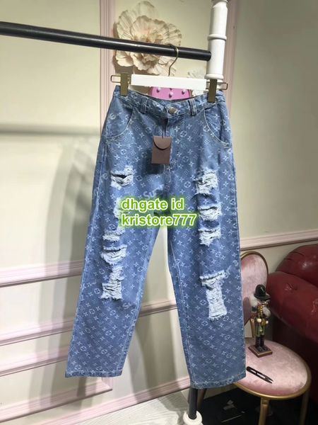 

Fa hion women vintage luxury de igner hole traight jean pant girl jacquard long pant female runway high end brand cowboy long trou er