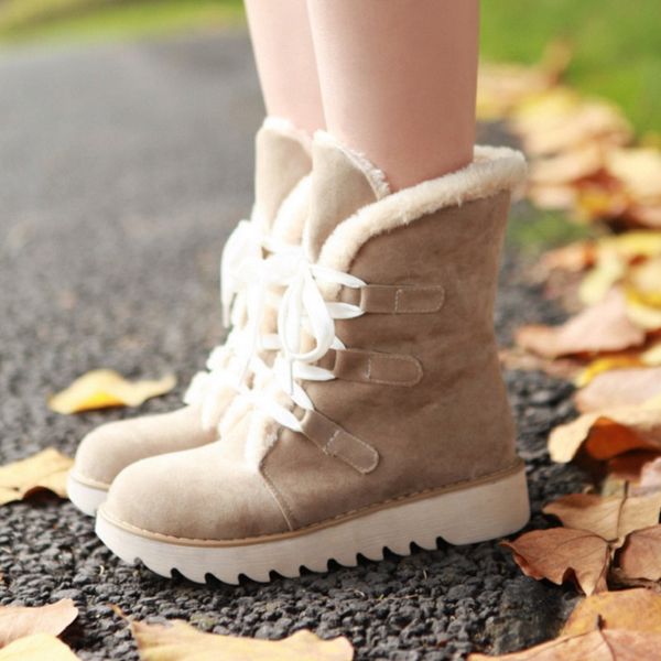 

snow boots women winter keep warm ankle boots flat with platform lace up ladies shoes vintage zapatos de mujer, Black