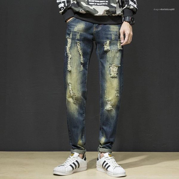 

clothing hip hop casual apparel mens retro new designer jeans hole fashion style button zipper blue homme