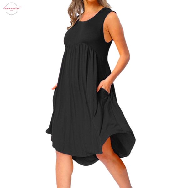 

plus size dress for women 2020 summer casual o neck draped sleeveless solid black white midi dresses polyester pockets beach vestidos v, Black;gray