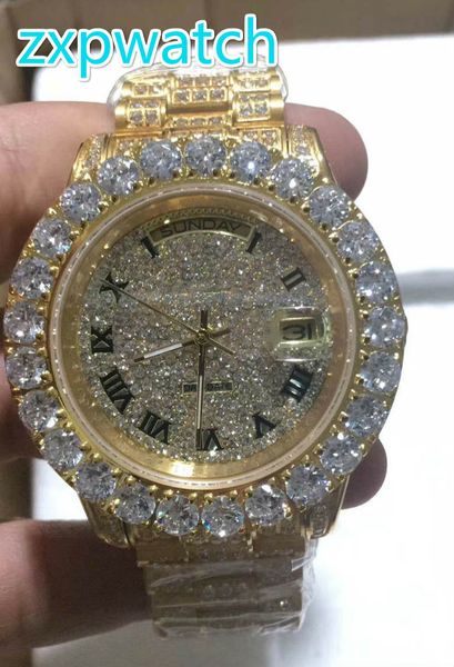 

New full diamond watch fa hion automatic men 039 prong et watch 43mm gold tainle teel ca e diamond face full iced diamond watch