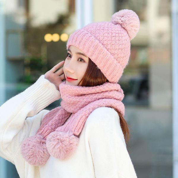 

women thicken winter warm set hat and ring scarf set two-piece female kitted wool hats ring scarves beanie hat bonnet, Blue;gray