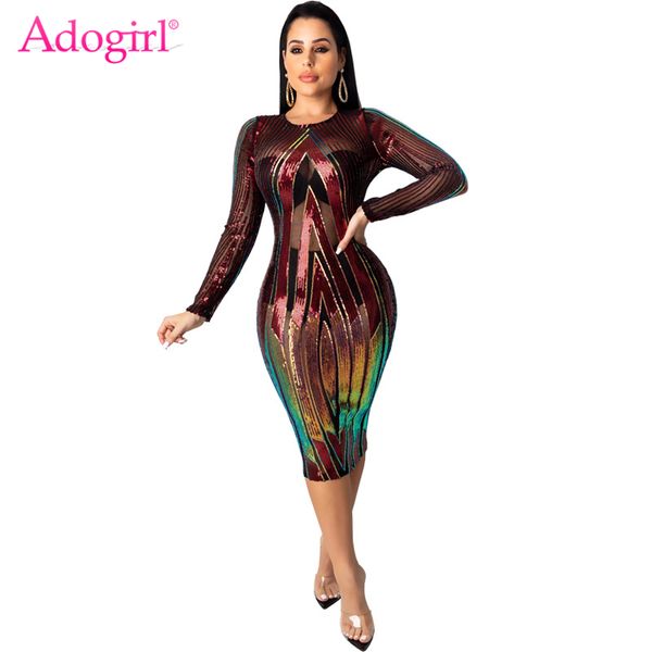 

adogirl colorful sequins sheer mesh bodycon dress o neck long sleeve sheath midi night club party dresses 2019 new vestidos, Black;gray