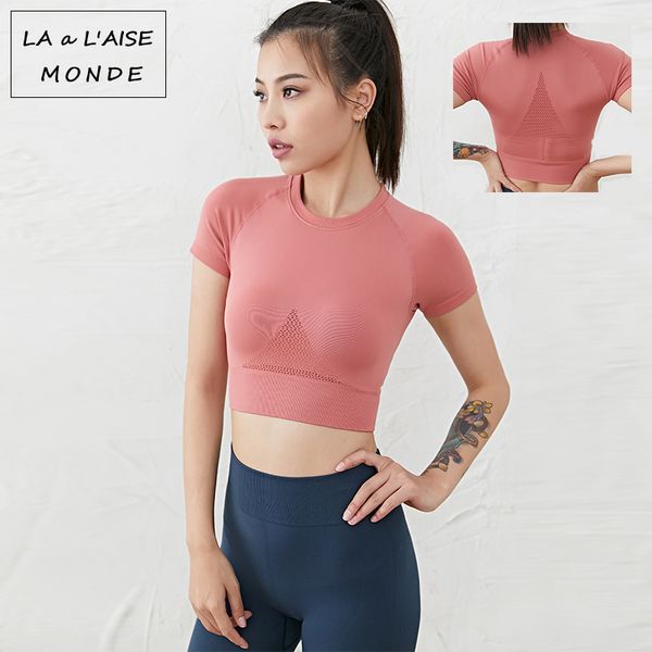 

women's t-shirt fitness female solid color round neck slim breathable mesh yoga running short sleeve women's t-shirt, White;red