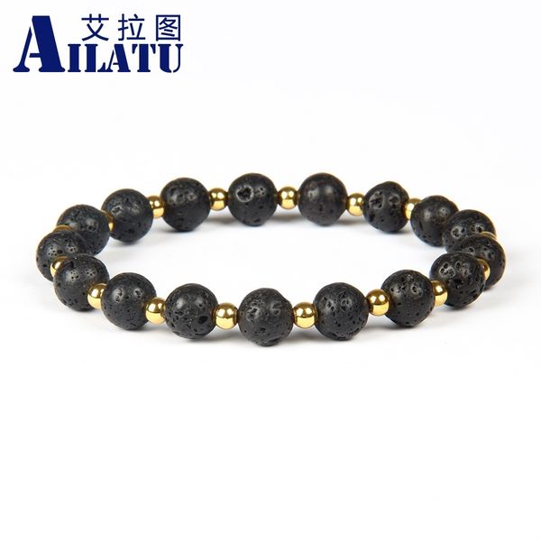 

ailatu wholesale black lava rock stone beads with 4mm gold color brass beads energy beaded bracelets, Golden;silver