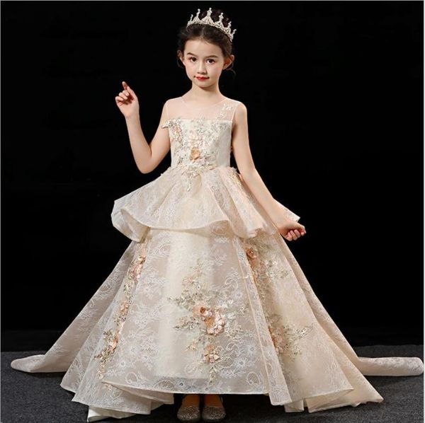

new princess champagne lace dress kids flower embroidery dress for girls vintage children dresses for wedding party formal gown, Red;yellow