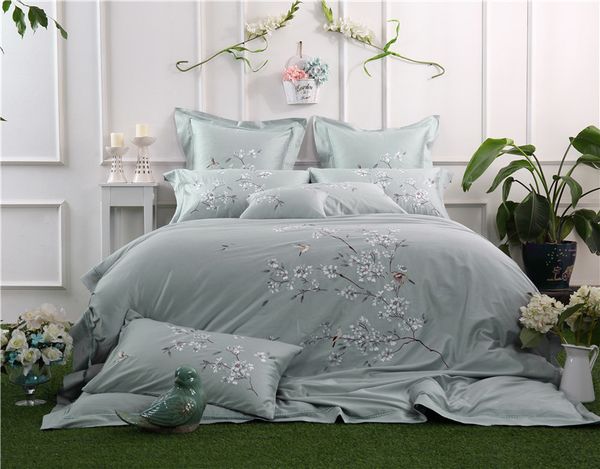 

100% cotton oriental embroidery luxury bedding set /king size grey colo floral bed set duvet cover bed sheet pillowcase
