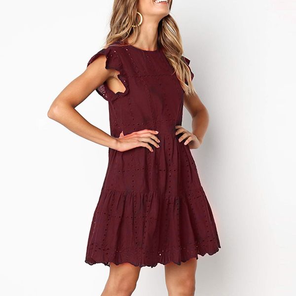 

выдалбливают ruched a-line мини-платье женщина оборками рукав пляжное платье женщина основные o-образным вырезом платья лето sukienka de ver, Black;gray