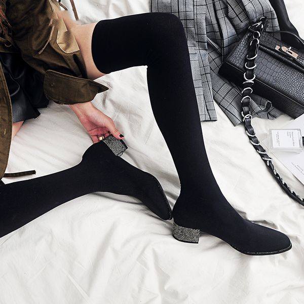 

2019 slim fit black over the knee sock boots women thigh high boots rhinestone heel stretch boots autumn shoes
