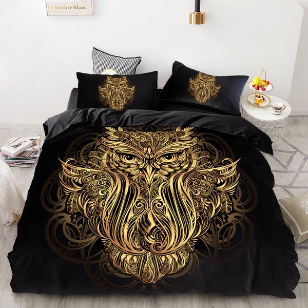 

3d hd digital printing custom bedding set,black duvet cover set  cal king,bedclothes gold owl bed set drop shipping