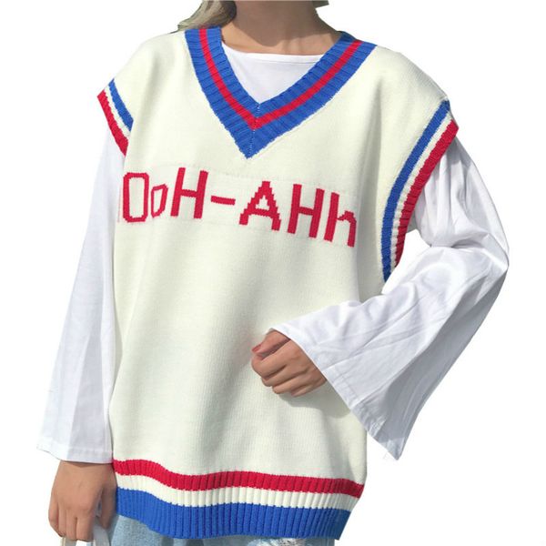 

2018 autumn new college style color matching v-neck vest sweater female harajuku cotton small fresh sweet jacquard sweater #101, Black;white