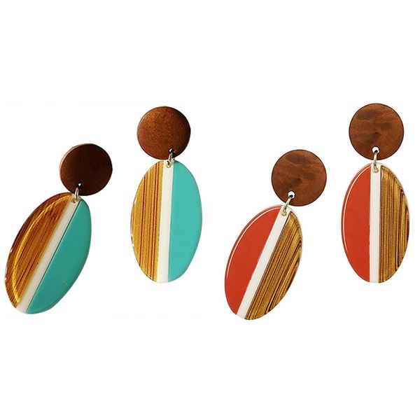 

2 pair circle earrings wood grain contrast color fashion earrings oval ladies red & green, Silver