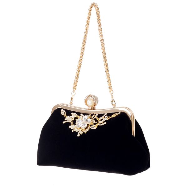 

female velvet diamond pearl handbag vintage velour crystal flower evening bag wedding party bride clutch velour bag purse d18110106