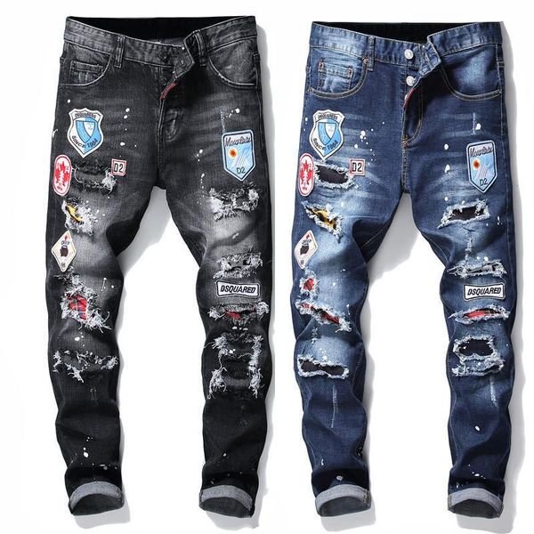 

мужские дизайнерские джинсы свободного покроя твердых беленой промывали длинные молния fly карандаш брюки азиатский размер lr191221, Blue