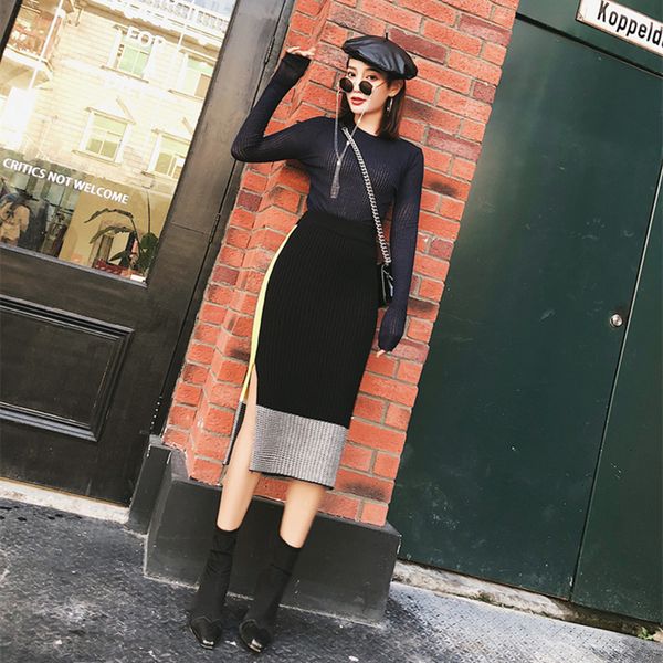 

юбка-карандаш юбки для женщин зима осень high street color block bodycon knit юбки высокой талией side split колено длина трикотаж, Black