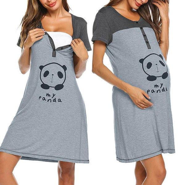 

women soft maternity breastfeeding dress short sleeve button nursing round neck summer cotton blend casual mother cartoon print, White