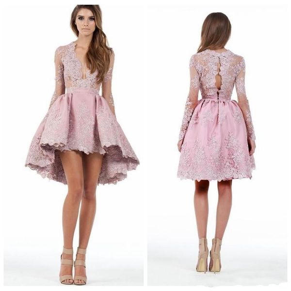 

deep v neck long sleeve cocktail dresses lace appliques hi-lo girls homecoming dress short prom party gown, Black