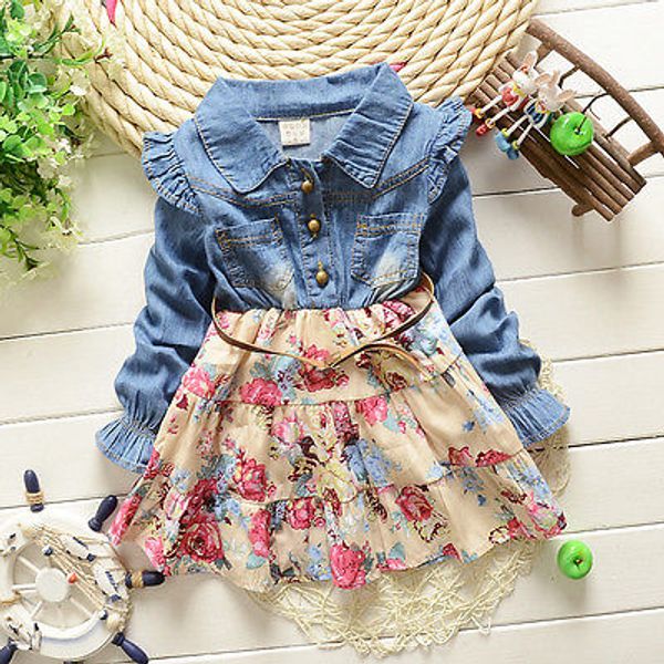 

new newborn kid baby girls long sleeve party casual floral denim dress clothes, White