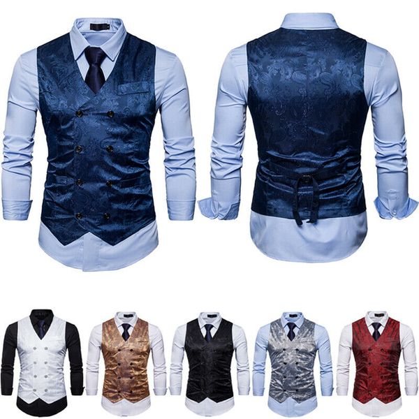 

vintage men's formal business dress vest embroidery bronzing v-neck double breasted waistcoat waist suits blazer vests, Black;white