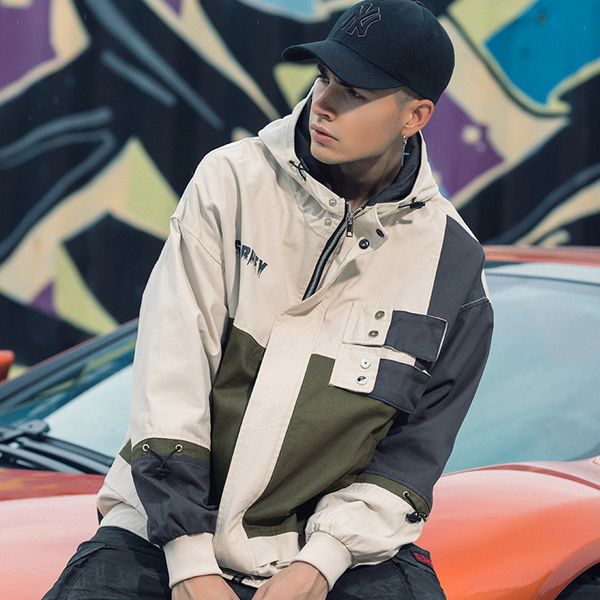 

spring men's hooded jacket men tooling tide brand loose cotton ins wind color matching coat men jacket hip hop streetwear, Black;brown