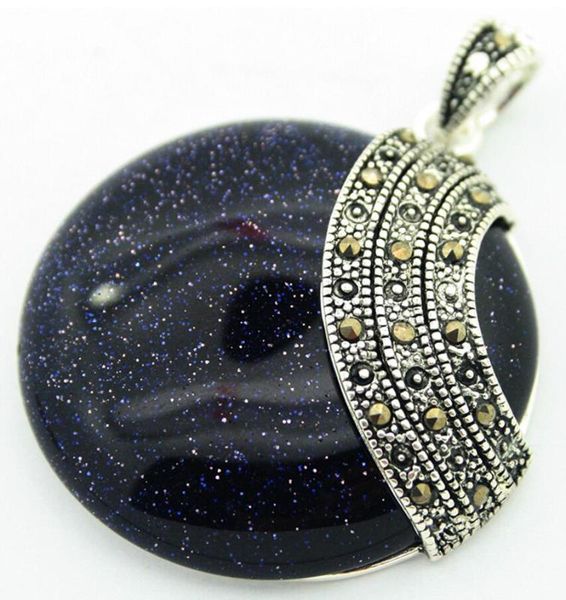 

rare huge 925 sterling silver natural blue sandjade rounddle pendant 35x35mm