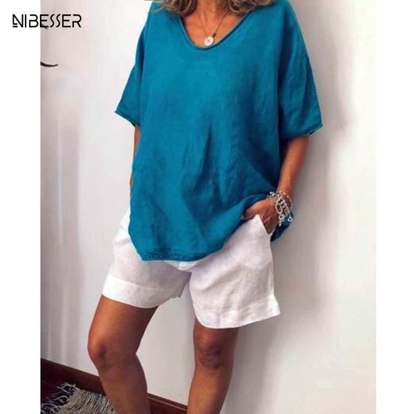 

nibesser 2019 big size cotton linen loose blouses women casual short sleeve v-neck womens summer and blouse ladies blouse, White