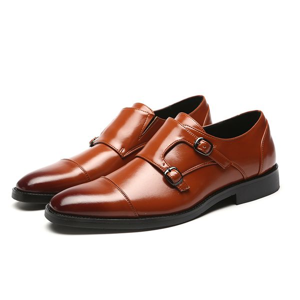 

men formal leather shoes belt buckle pointed toe weddings dress business shoes for party size 38-48, Black