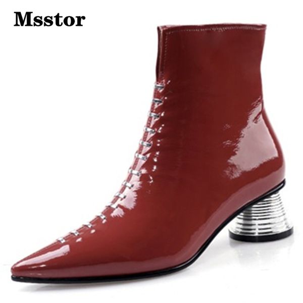 

msstor sewing ankle boots for women pointed toe metal decoration genuine leather boots women strange style winter, Black