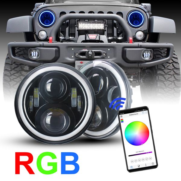 

7 inch led headlights rgb halo ring angel eyes 7" round multicolor drl bluetooth remote control for wrangler jk lj cj sahar