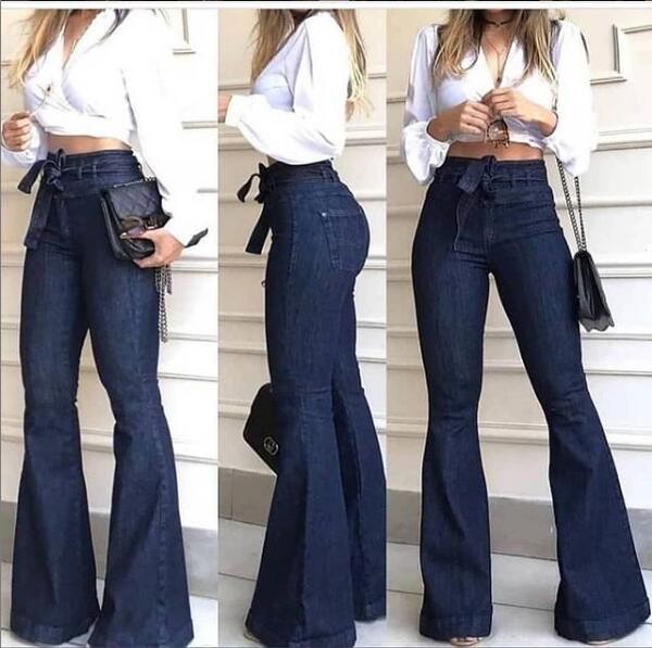 

south american high-waisted micro elastic-lace-up bell-bottom pants wide leg pants jeans, Blue