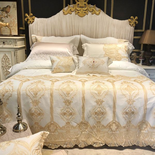 Wide Golden Lace Duvet Comforter Cover Set Pink White Premium