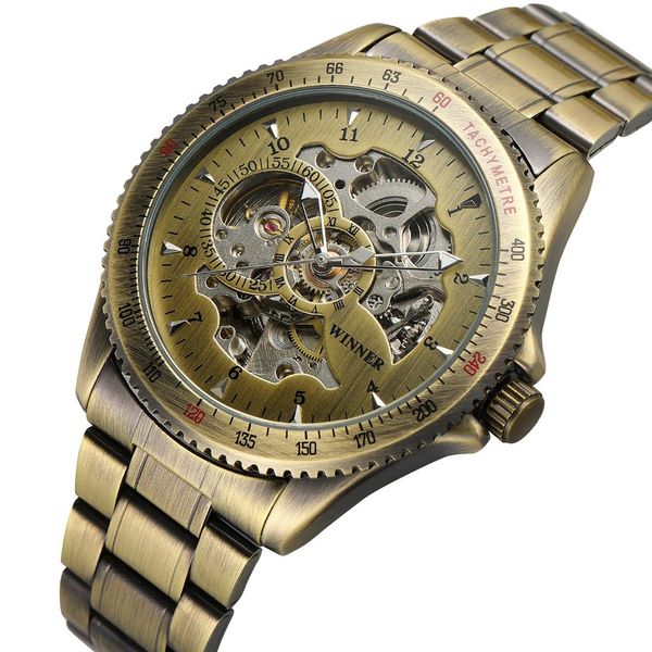

bronze steel belt hollow mechanical watch automatic men's gift watch men, Slivery;brown