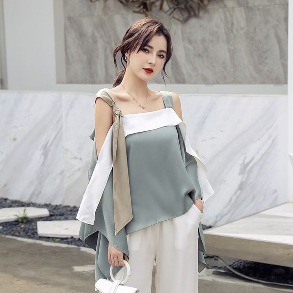 

2019 hit color strapless straps irregular loose thin silky word shoulder shirt crop women streetwear, White