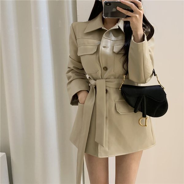 

alien kitty locomotive girl chic solid brief cool pu leather all-match office lady fashion sashes simple single-breasted coats, Black