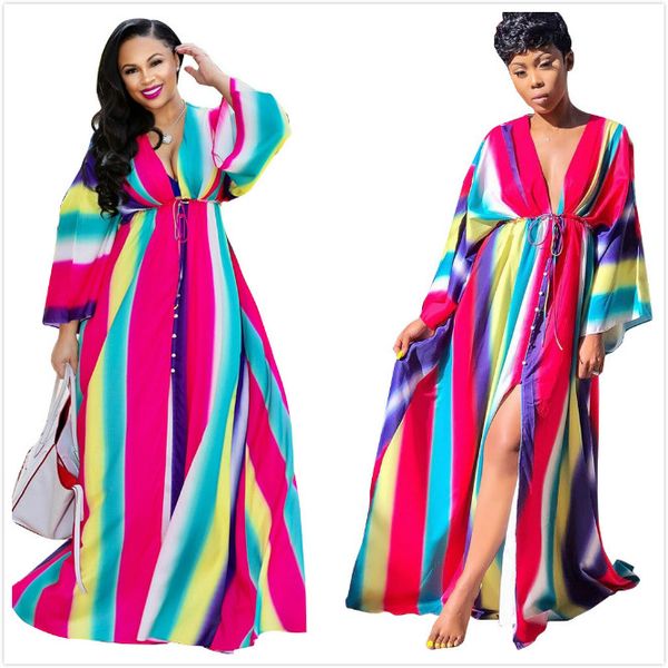 

latest rainbow stripes women casual dress 2020 elegant long sleeves v neck front split fashion beach dresses cover up for swimsuits, Black;gray