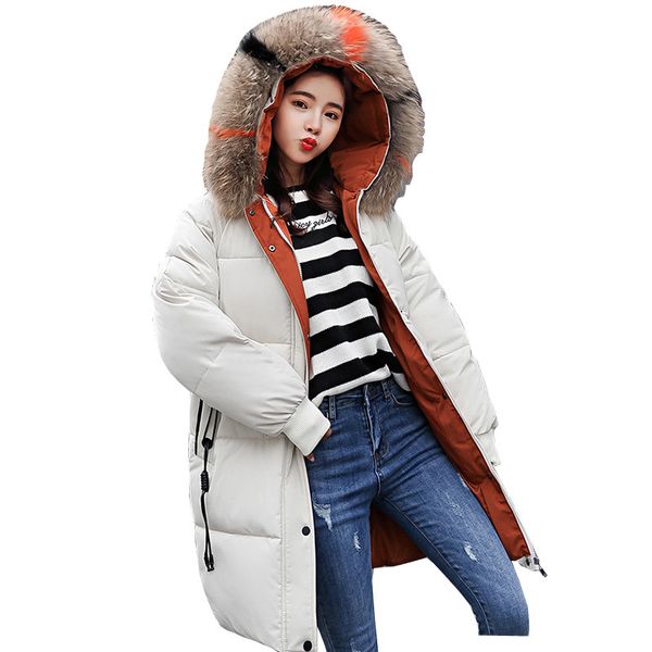

2019 new parka women winter new hat colored collar big fur down parka women fhickened long 2222, Black