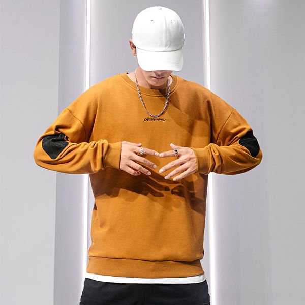 

patchwork sweatshirt men solid color mens pullover loose hoodie japan high street fashion casual male couple coat streetwear, Black