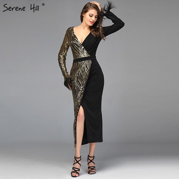 

black sequined v-neck mermaid evening dresses 2019 long sleeves -lenght evening gowns design serene hill qa8040, White;black