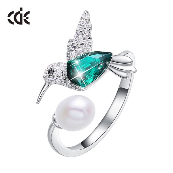 

cde 925 silver ring embellished with crystals adjustable women ring ringen voor vrouwen hummingbird pearl jewelry, Slivery;golden