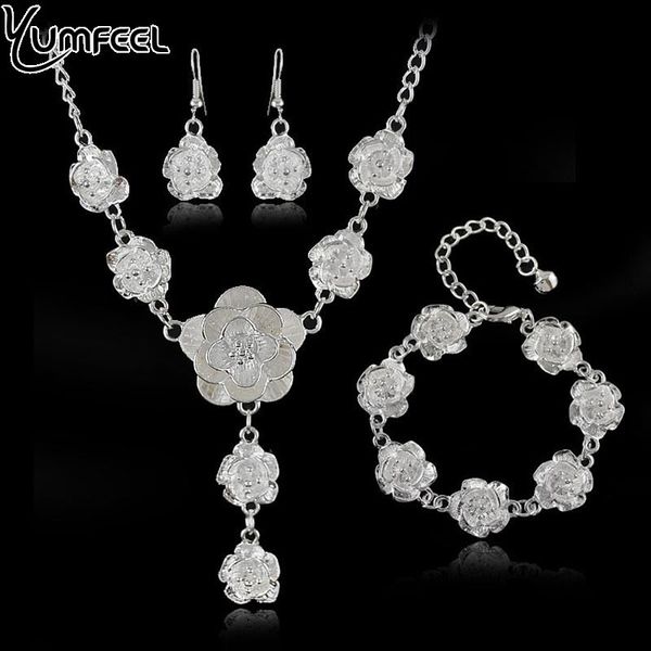

yumfeel brand silver plated rose flower jewelry set necklace earrings bracelet set