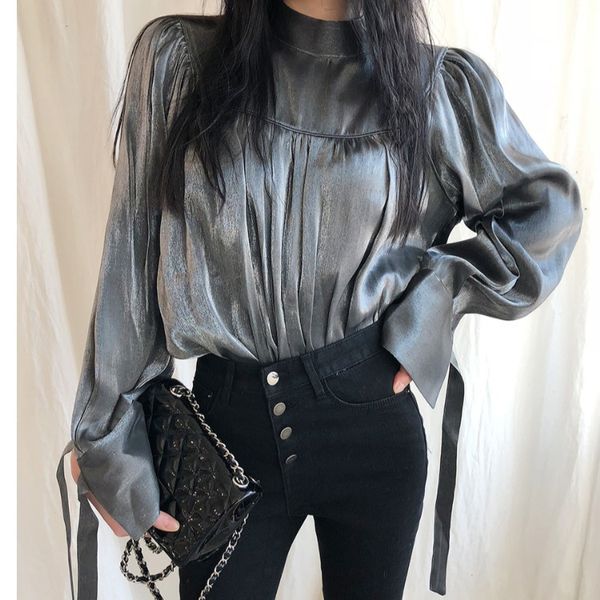

women fashion cool metallic shirt blouse in dark blue, White