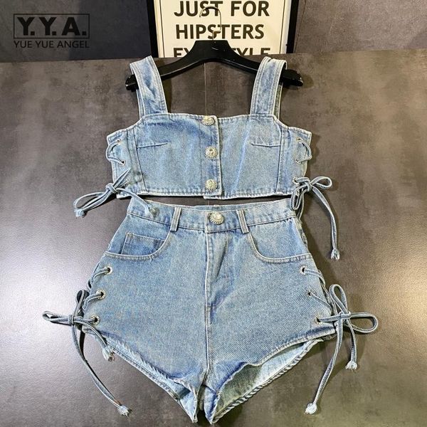 

high street women matching sets suspender cropped summer high waist lace up denim ants female two piece outfits, White
